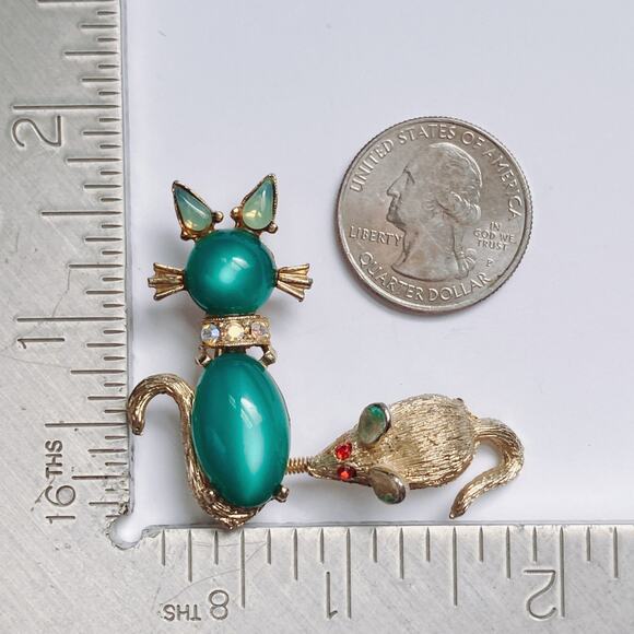 VTG 1950s Brooch Moonglow Glass Cat Mouse AB Gold Tone Figural Mid Century - Picture 6 of 8